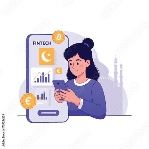 Illustration of a woman using a smartphone with a fintech app on the screen, featuring cryptocurrency and financial graphics, set against a city skyline background.