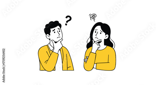 Confused couple ponder life's big questions with thoughtful expressions and questioning looks on a white background