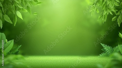 Lush green nature background with leaves and grass for product display.