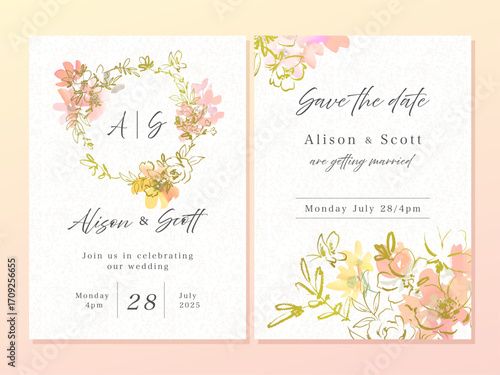 Wedding invitation card design set with minimal botanical line art and abstract  wild flowers painted in watercolor. Hand drawn card template set with elegant flowers.