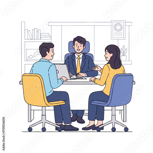 Illustration of a business meeting with a man and woman seated across from a suited executive in an office setting with a minimalist line art style and a professional mood.