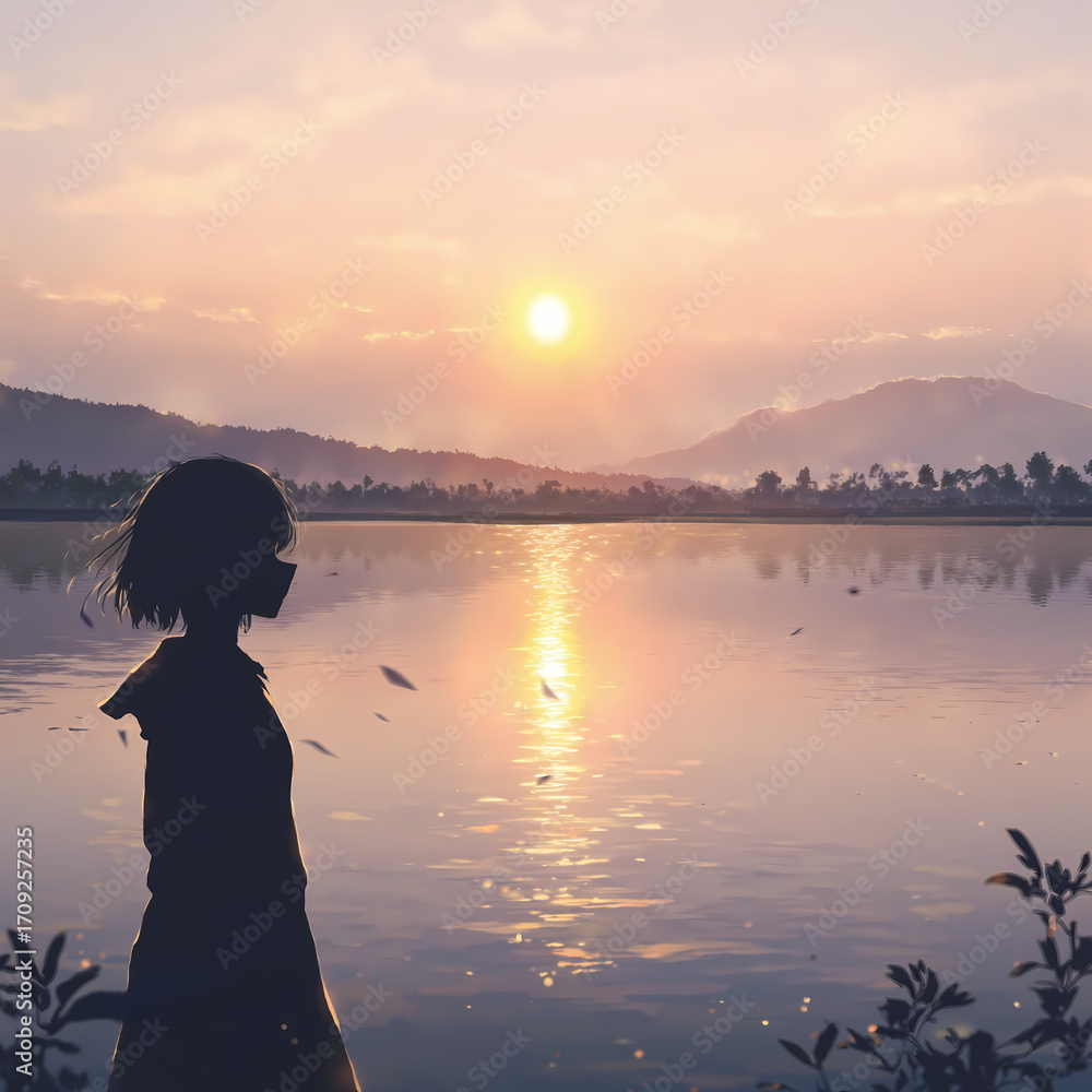 Fototapeta premium Girl at Sunset Lake