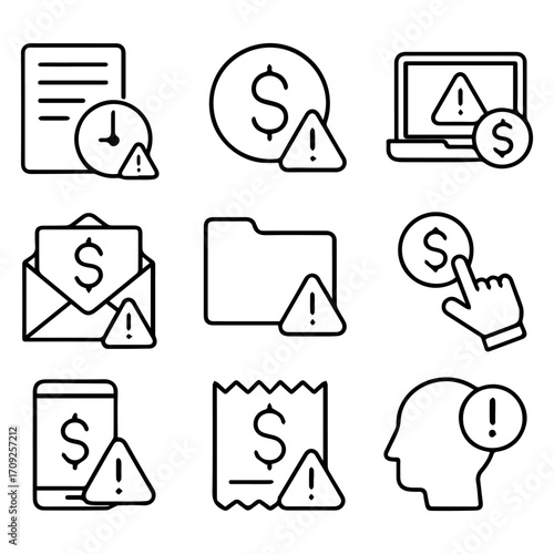 Financial Alert Icons Warning Symbols on Documents Money and Technology.