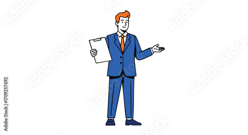 Confident Businessman Presenting Information on a Clipboard Illustration