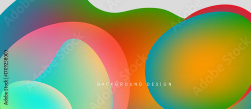 Abstract fluid shapes overlap, creating vibrant color gradients. Design features smooth transitions, modern aesthetic. Background suggests dynamic movement.
