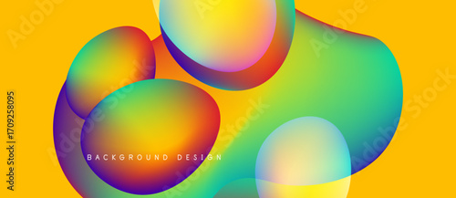Abstract colorful shapes overlap yellow backdrop. Fluid gradients create vibrant visual effect. Modern design element.