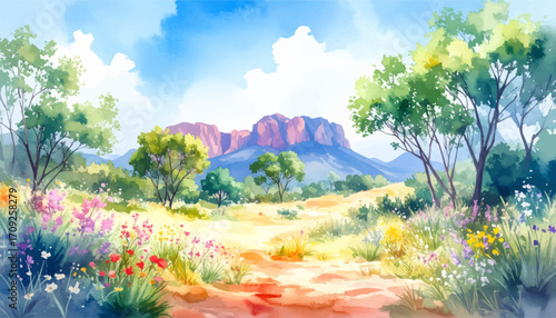 Vibrant desert landscape with flowers. Scenic desert view with blooming flowers. Beautiful desert scene with mountain. Colorful wildflowers in desert terrain. Fresh spring colors in desert nature