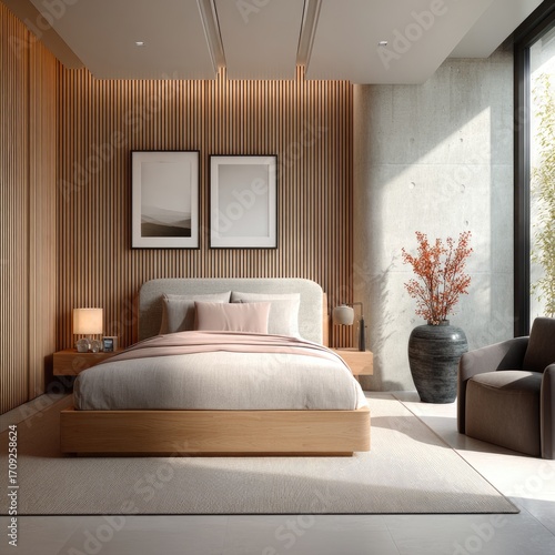 Modern bedroom with light wood, muted tones, and natural light