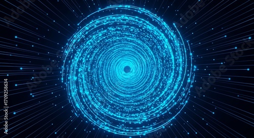 A dynamic, swirling, luminous abstract design features concentric circles of glowing blue light radiating outward from a central point, on a dark background.