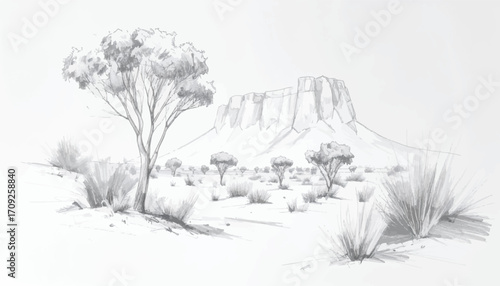 Isolated desert with rocky formations and trees. Vast desert with rocky outcrop in the distance. Dry terrain with rocky cliffs and sparse trees. Desert valley with rocky peaks and small shrubs