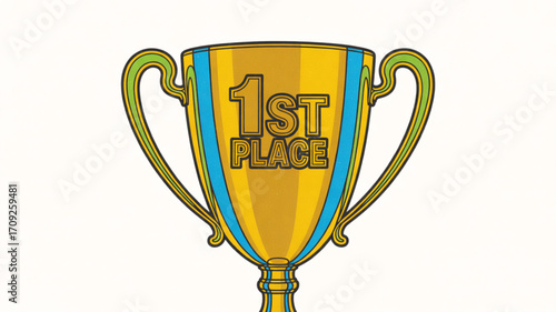 Golden first place award trophy vector graphic design for winning and achievement celebration element asset