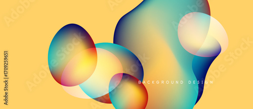 Abstract fluid shapes overlap, creating vibrant color gradients. Yellow background complements dynamic composition. Modern design element.