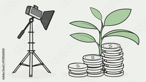 Camera equipment and growing money illustration financial growth investment concept business success online content creation profit financial success economy wealth money growth.