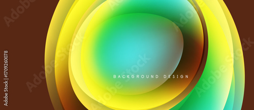 Abstract colorful layers create dynamic circular design. Gradient hues blend, forming modern background. Smooth transitions offer visual appeal.