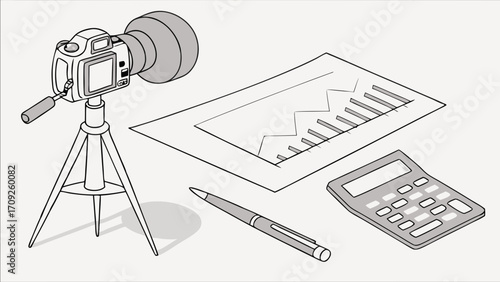 Camera on tripod with chart and calculator illustration business concept financial report photography equipment data analysis.