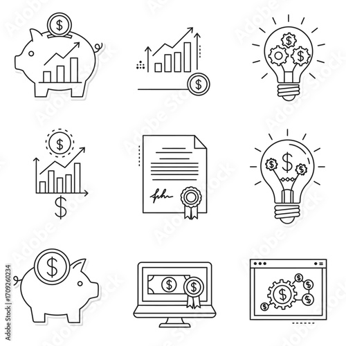 Collection of flat line icons representing finance, business growth, investment, and innovative ideas for success.