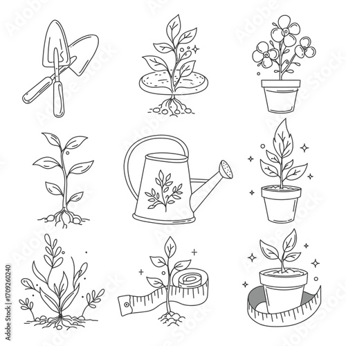 Collection of hand-drawn icons illustrating plant growth, gardening tools, and healthy cultivation techniques.