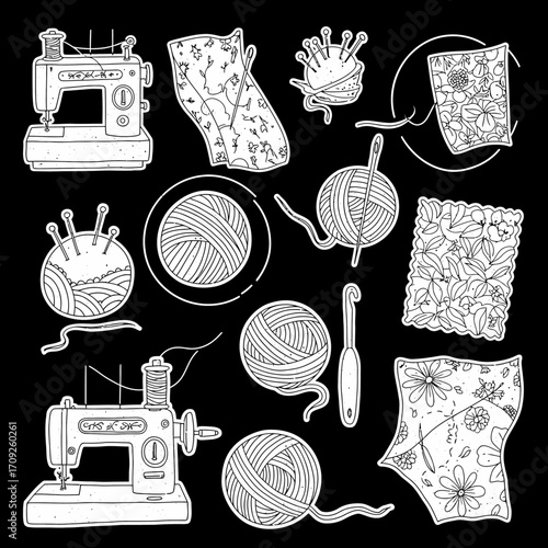 Hand-drawn illustration of sewing and crafting supplies, including sewing machines, yarn, needles, and fabric patterns.