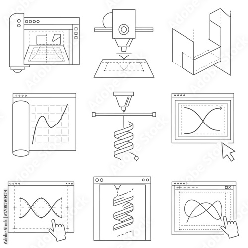 A comprehensive collection of line art icons illustrating advanced 3D printing, computer-aided design, and innovative manufacturing processes for modern technological development.