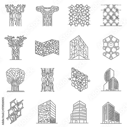 A comprehensive collection of modern architectural and nature-inspired line art icons, showcasing sustainable design principles and abstract geometric patterns.