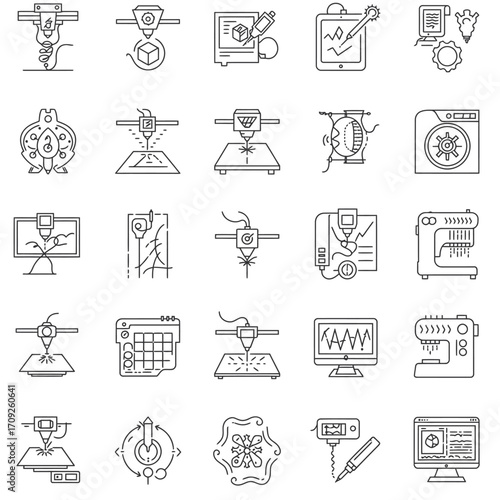 A comprehensive set of sleek line art icons depicting 3D printing, digital fabrication, and advanced manufacturing, perfect for technology-themed projects.