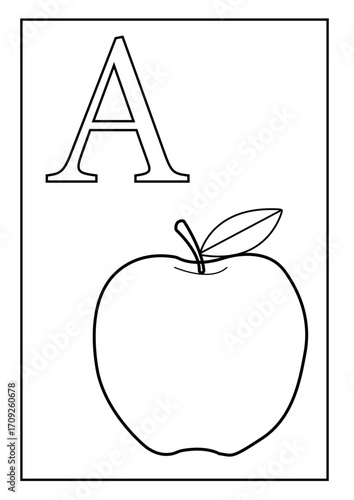 Alphabet A with Apple Coloring Page Vector Illustration
