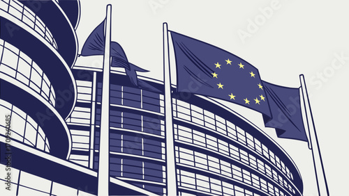 European Union Flag Waving Outside Modern Building Illustration Corporate Government Politics International.