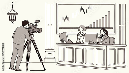 Filming a Business News Report in an Office Setting.