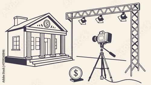 Filming a classical building with columns and a dollar sign prop.