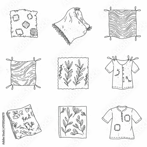 This intricate collection showcases nine unique hand-drawn textile illustrations, including patched fabrics, patterned cloths, and simple garments, ideal for creative design.