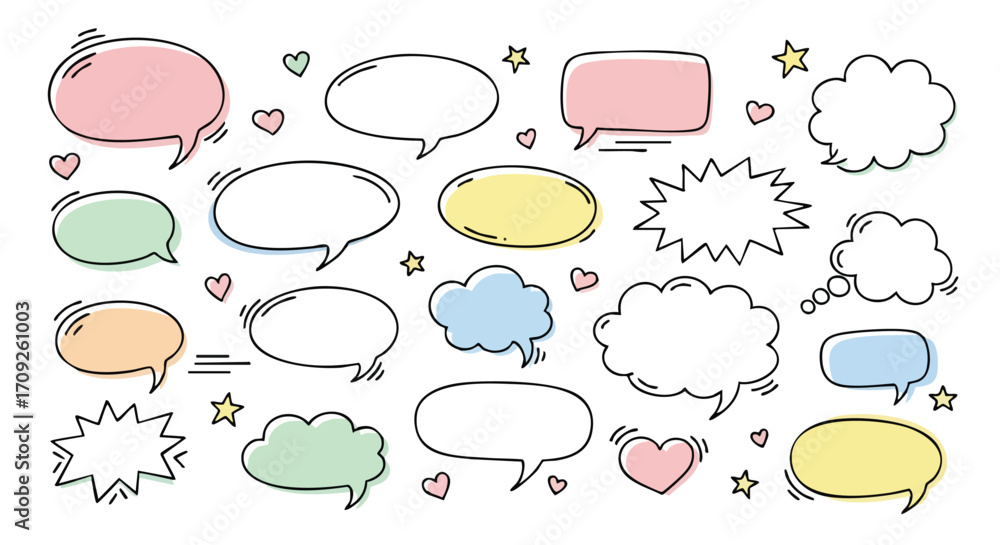 Fototapeta premium Fun speech bubbles with hearts and stars for vibrant communication in creative projects and social media