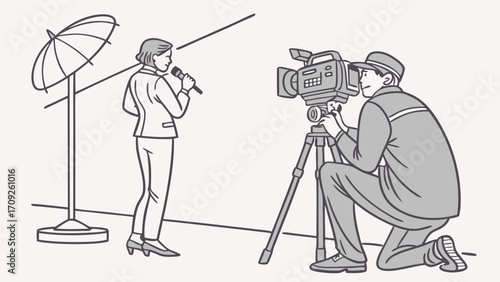 Filming a Television Interview Cameraman and Interviewee Studio Setting Broadcast Journalism News Production.