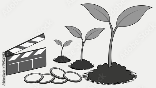 Filmmaking Growth Investment Seedling Plants Clapperboard Coins Budget Success Business Finance Startup Nature Spring Graphic Design Illustration Concept Idea Money Development.