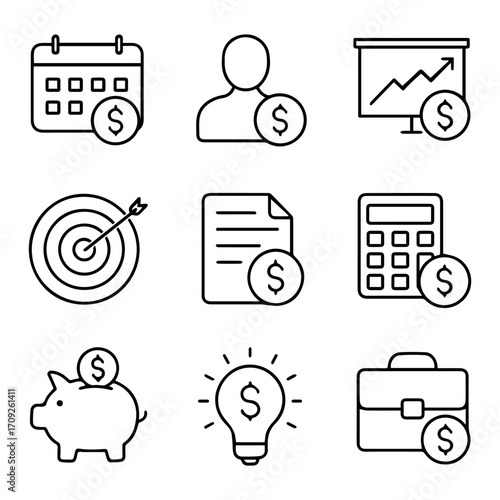 Nine Line Icons Depicting Financial Planning and Growth.