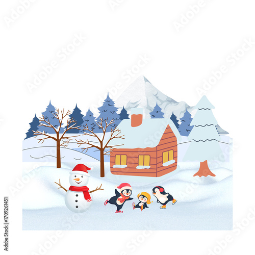 house in the snow and Penguin chicks playing on a snowy Christmas day