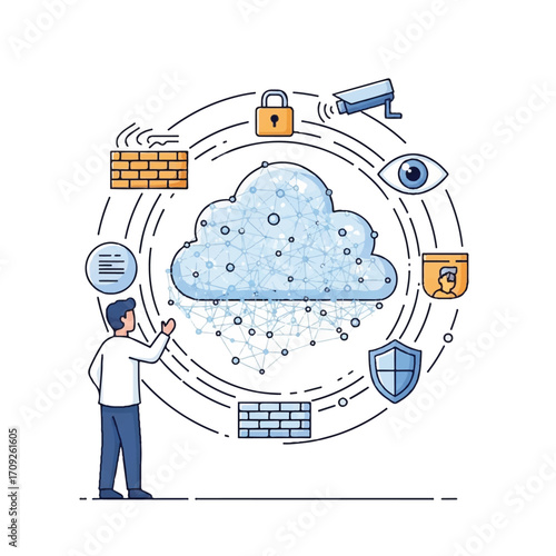 Illustration of a man interacting with a large cloud icon surrounded by security symbols and icons on a white background with a modern graphic design style.