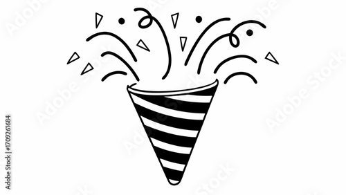Illustration of a striped party popper with confetti and streamers exploding outwards in celebration mood created with generated ai 