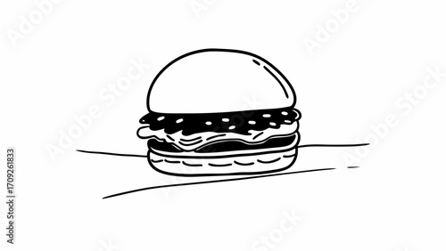 Simple black and white line drawing of a burger with lettuce and a patty on a white background created with generated ai 