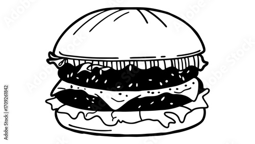 Illustration of a burger with lettuce cheese and a patty on a white background drawing style created with generated ai 