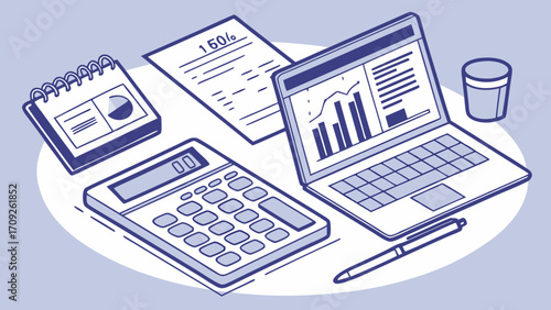 Financial planning business analysis accounting data analysis calculator laptop report graph chart desk office supplies working workflow business finance economics investment str.