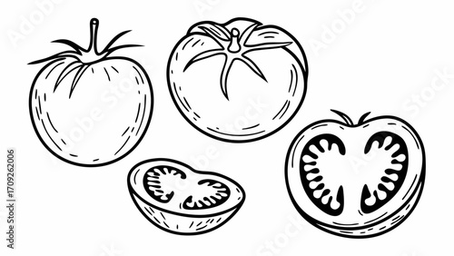 Illustration of whole and halved tomatoes with visible seeds and stems in a black outline style created with generated ai 