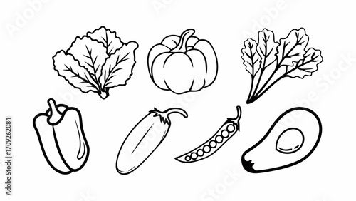 Outlined vegetables including lettuce pumpkin pepper eggplant peas and avocado in black and white style created with generated ai 