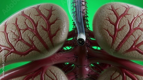 Medical illustration of human lungs with cigarette showing harmful effects of smoking
