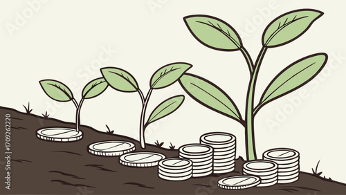 Growing Money Investment Growth Financial Success Plant and Coins Illustration.