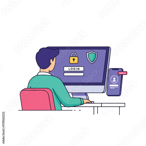 Illustration of a man sitting at a desk, typing on a computer with a login screen displaying a lock and shield, accompanied by a smartphone with a fingerprint icon on a white background.
