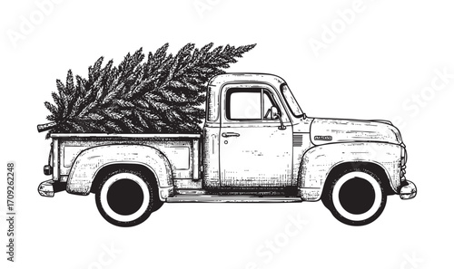 Vintage Truck Carrying a Christmas Tree Hand-Drawn