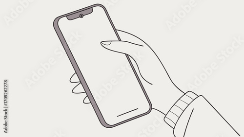 Hand holding smartphone mobile phone touchscreen device blank screen app mockup technology illustration minimalistic design line art digital device gadget user interface UI element we.