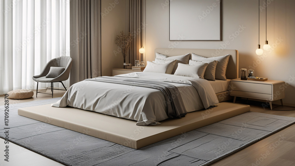 Fototapeta premium The cozy bedroom features luxury bedding, a modern lamp, and comfortable pillows on the bed, creating a comfortable and relaxing atmosphere for a good night's sleep