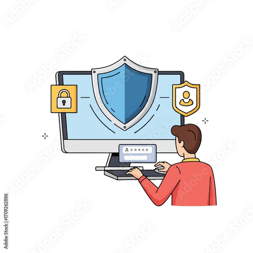 Illustration of a man sitting at a computer with a large monitor displaying a shield and lock icons, symbolizing online security and protection.
