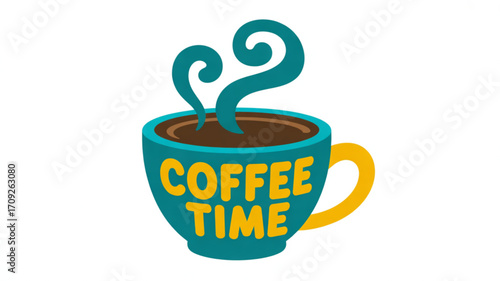 Coffee time illustration, hot coffee cup with steam, coffee break design, morning coffee, coffee shop art